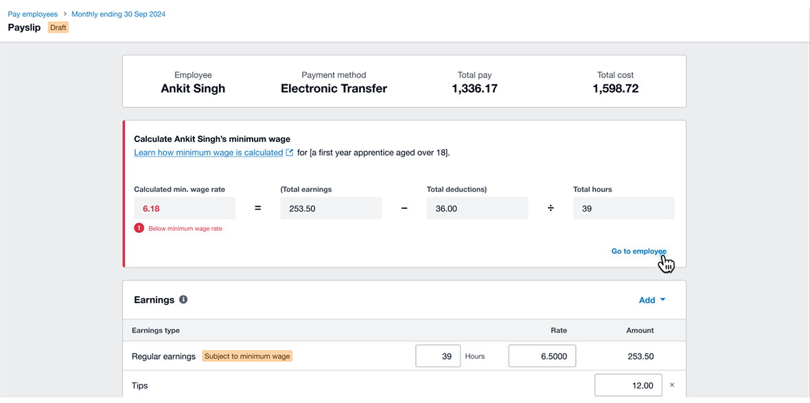 NMW header Payrun with an alert for national minimum wage