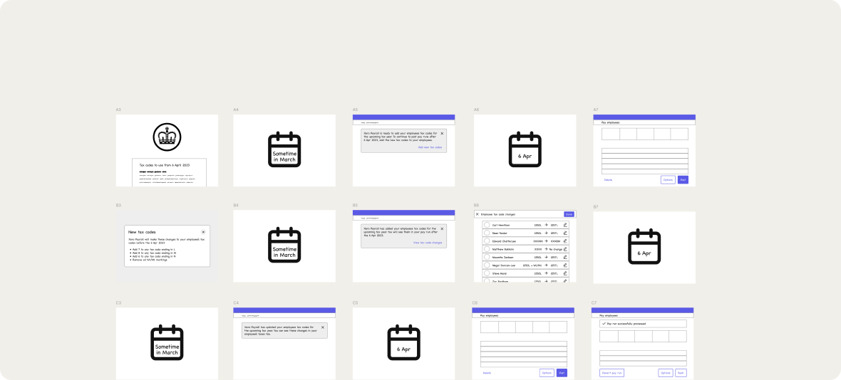 Research on automating tax codes Low fidelity wireframes of events happening on different rows