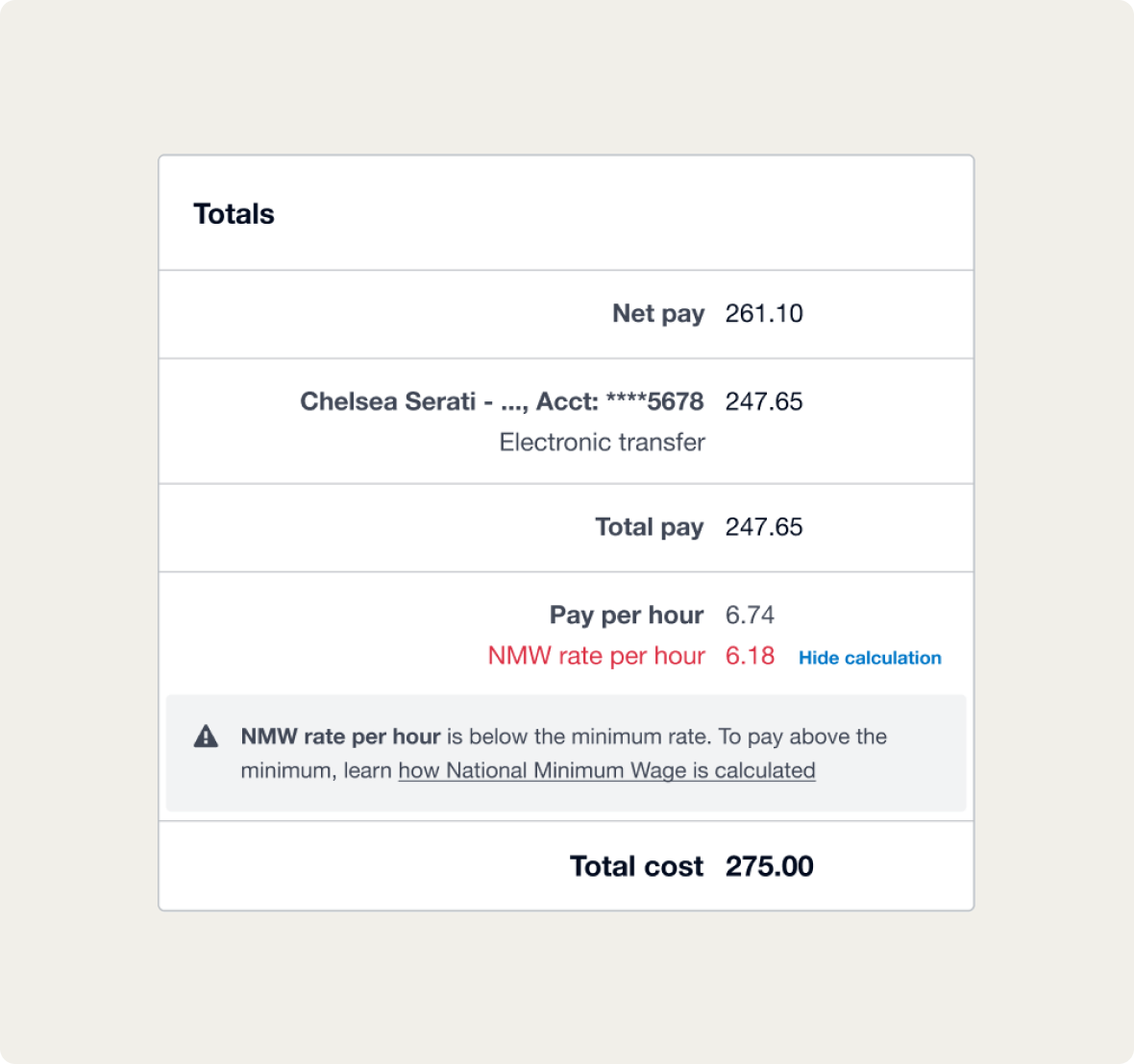 Showing the average Pay run total amount with a national minimum wage alert