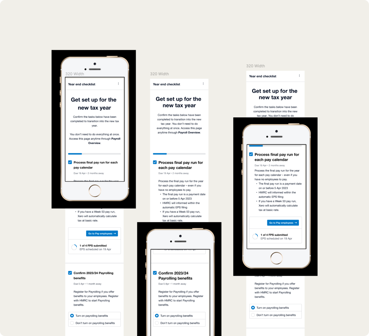 Testing responsive layout Three mobile phones cut out to visualise how the design will look at smaller sizes